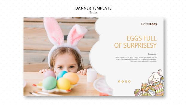 Free PSD banner template for easter with child wearing bunny ears