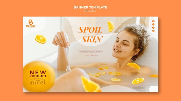 Free PSD banner template for home spa skincare with woman and orange slices