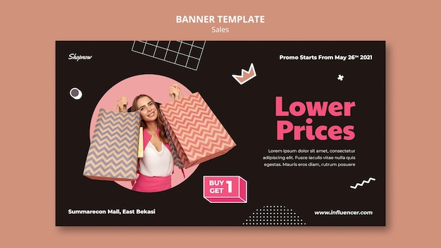 Free PSD banner template for sales with woman in pink suit