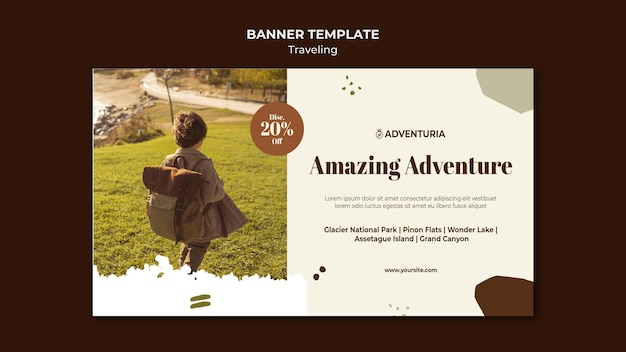 Banner template with backpacking traveling child