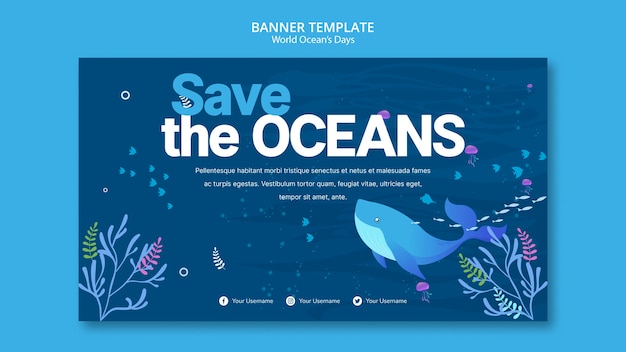 Free PSD banner template with world ocean day concept