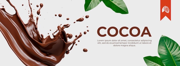 Free PSD banner with a background of leaves and cocoa splash on a white background