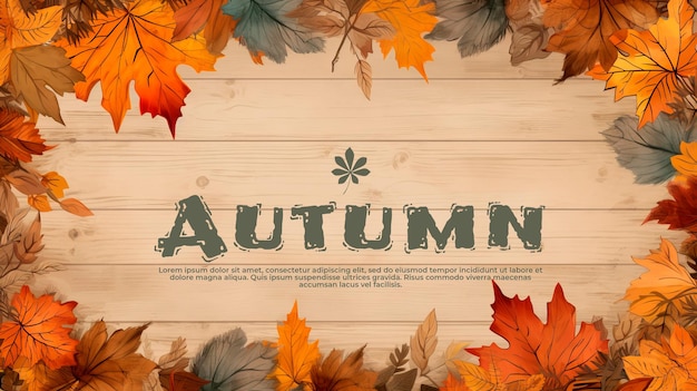 Free PSD banner of a wooden background with autumn leaves