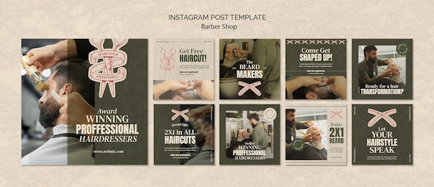 Barbershop instagram posts collection with grainy retro texture