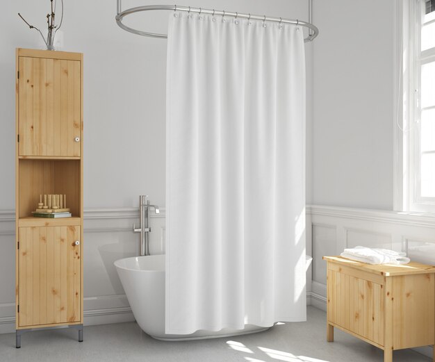 bathtub with curtain and shelves