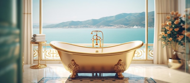 Bathtub with gold vase and towel on sea view generative ai