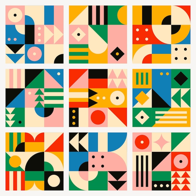 Bauhaus inspired seamless pattern psd flat design set