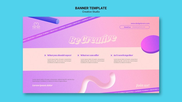 Free PSD be creative design studio horizontal banner template with 3d shapes