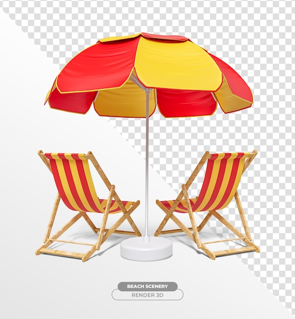 Free PSD beach chairs with umbrella in realistic 3d render with transparent background