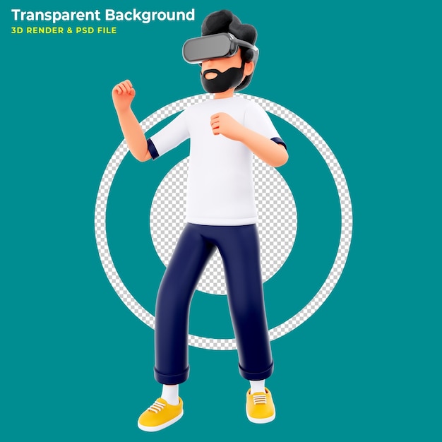 Free PSD beard character man play virtual fighting game with vr goggles