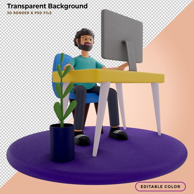 Bearded guy sitting in front of laptop, man work on computer. freelancer, 3D render, 3D illustration