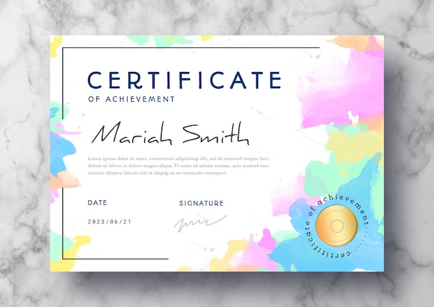 Free PSD beautiful certificate template with watercolor splashes