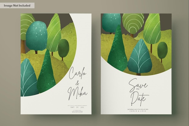 Free PSD beautiful hand drawn greenery scenery and tree invitation card template