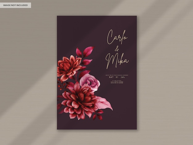 Free PSD beautiful maroon flower and leaves wedding invitation template