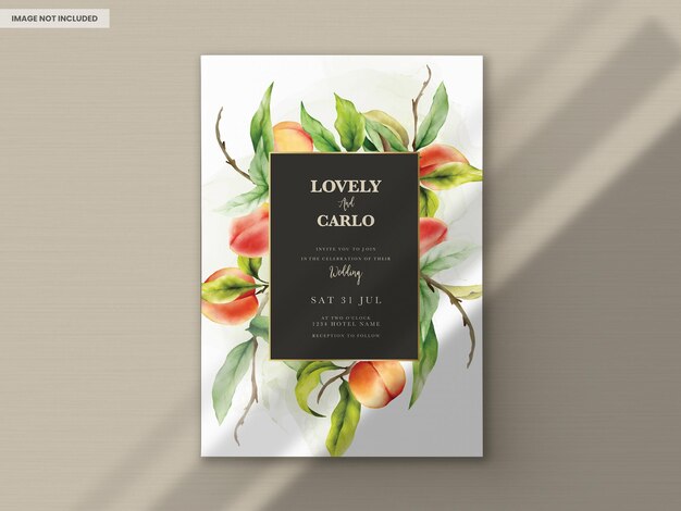 beautiful peaches and leaves watercolor invitation card template