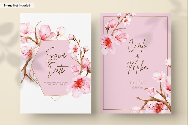 beautiful pink cherry blossom floral watercolor invitation card