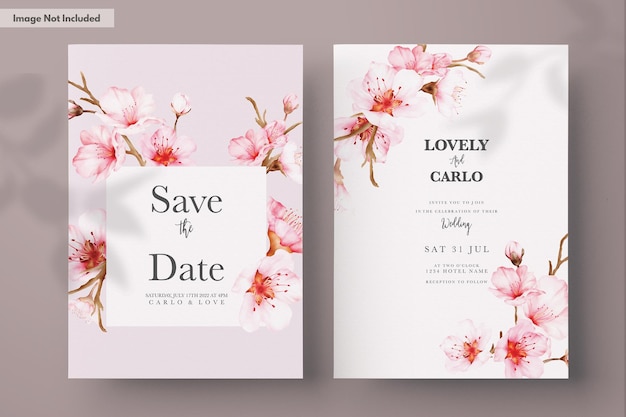 Free PSD beautiful pink cherry blossom floral watercolor invitation card