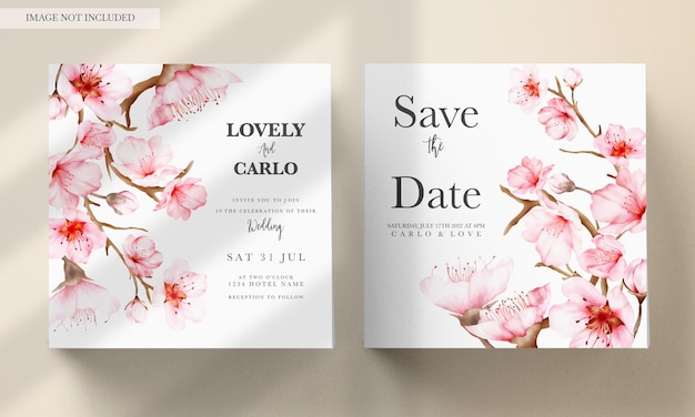 Free PSD beautiful pink cherry blossom floral watercolor invitation card