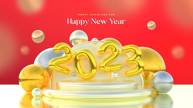 Free PSD beautiful and realistic happy new year 2023 podium banner template with golden 3d elements