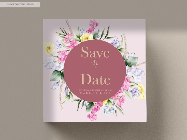 Free PSD beautiful watercolor flower and leaves wedding invitation card