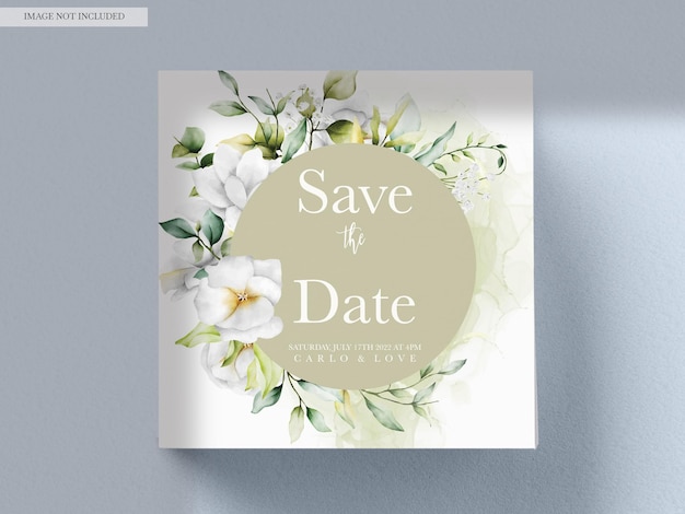 Free PSD beautiful watercolor wedding invitation card with greenery leaves and white flower