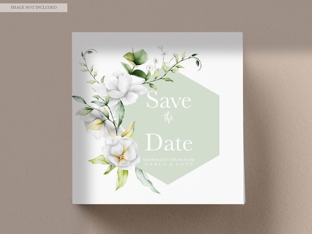 Free PSD beautiful watercolor wedding invitation card with greenery leaves and white flower