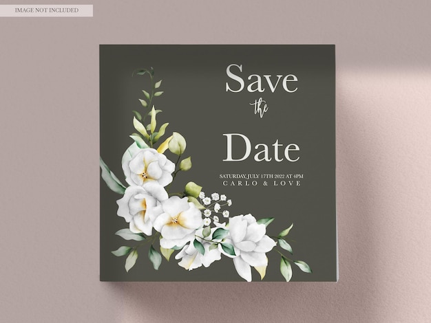 Free PSD beautiful watercolor wedding invitation card with greenery leaves and white flower