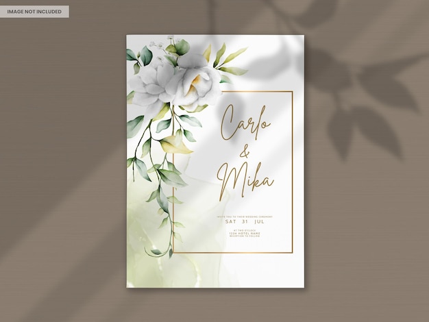 beautiful watercolor wedding invitation with greenery leaves and white flower