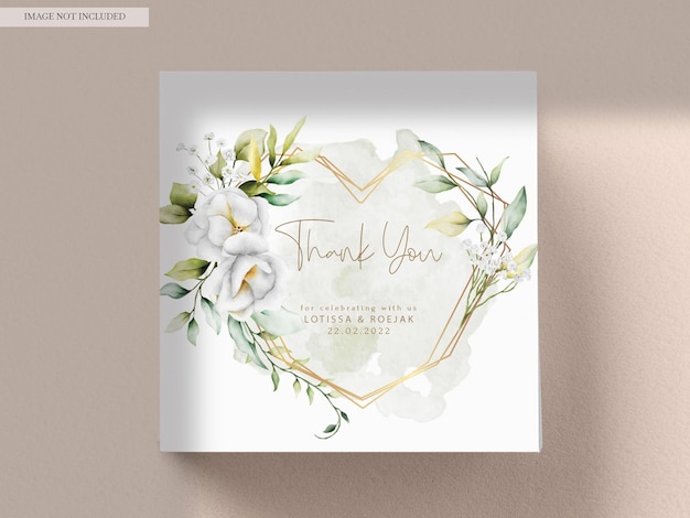 Free PSD beautiful watercolor wedding invitation with greenery leaves and white flower