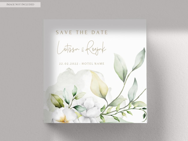 Free PSD beautiful watercolor wedding invitation with greenery leaves and white flower