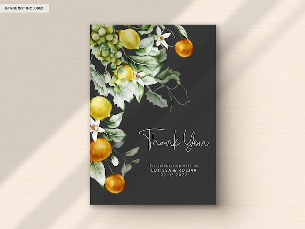 Free PSD beautiful wedding invitation card set with botanical fruit watercolor and flower