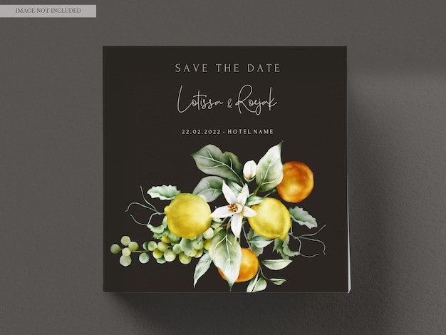 Free PSD beautiful wedding invitation card set with botanical fruit watercolor and flower