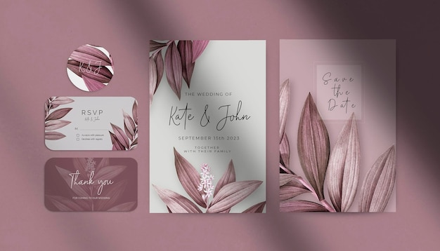 Free PSD beautiful wedding invitation stationery set decorated with leaves