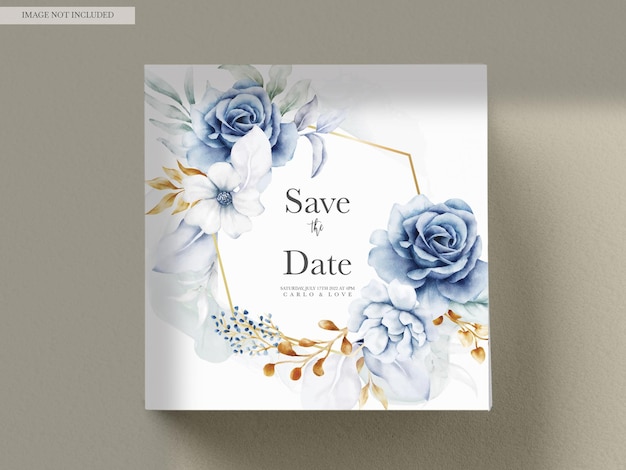 Free PSD beautiful wedding invitation with blue and gold floral ornament