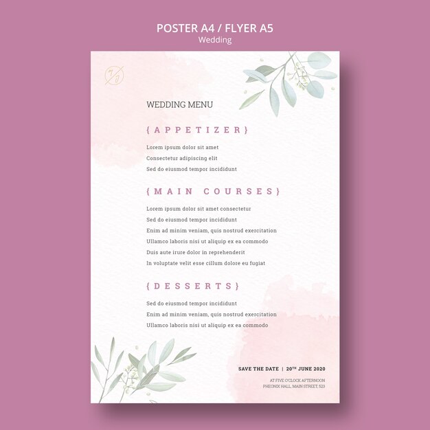 Beautiful wedding menu poster mock-up