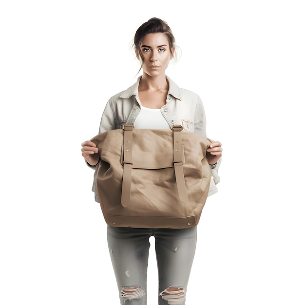 Free PSD beautiful young woman in casual clothes with brown bag on white background