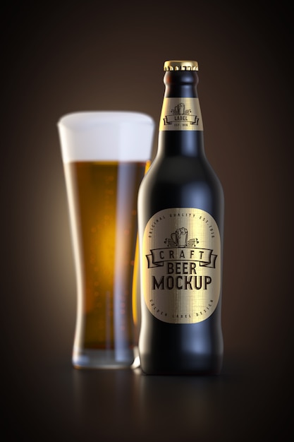 Free PSD beer glass and bottle with label mockup