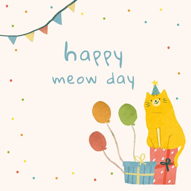 Birthday greeting template psd with cat illustration