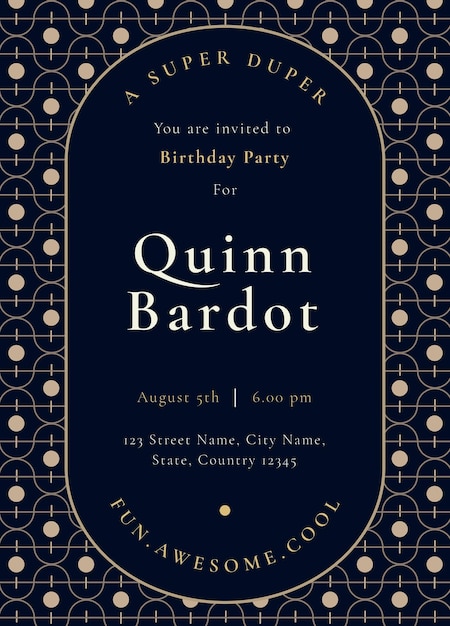 Birthday party invitation template psd with gold art deco style