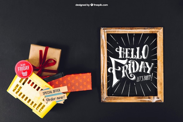 Black friday mockup with slate and basket