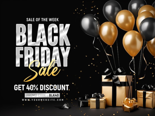 Black Friday Sale Social Media Banner Design Template with Realistic Balloons and Gift Box