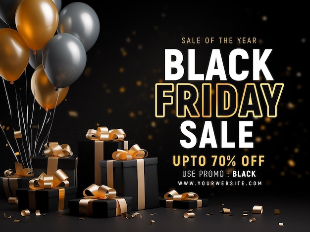 Black Friday Sale Social Media Banner Design Template with Realistic Balloons and Gift Box