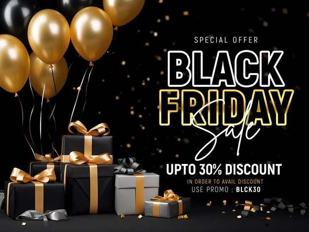 Black Friday Sale Social Media Banner Design Template with Realistic Balloons and Gift Box