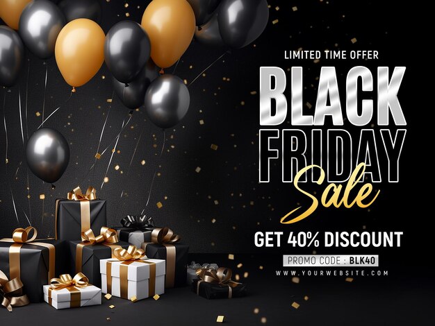 Black Friday Sale Social Media Banner Design Template with Realistic Balloons and Gift Box