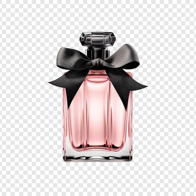 Free PSD black glass perfume bottle and pink ribbon isolated on transparent background