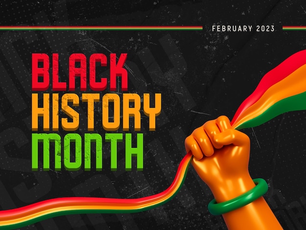 Black history month awareness poster design with hand holding wavy ribbon