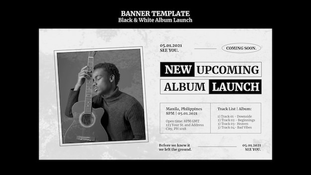 Black and white album launch banner