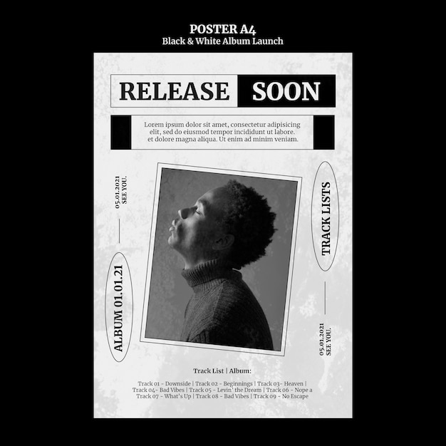 Free PSD black and white album launch poster