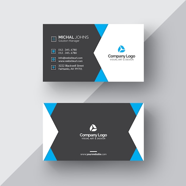 Black and white business card with blue details