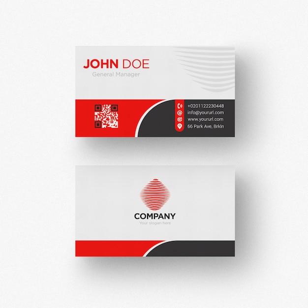 Black and white business card with red details